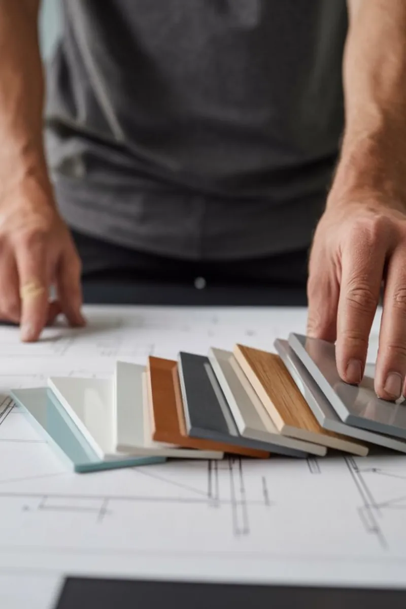 Choix des fournitures Ducci sur une table avec le plan d'une salle de bain.