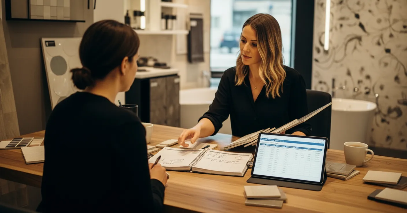 Une conseillère Ducci, conseille une cliente et l'accompagne dans le choix de ces fournitures.